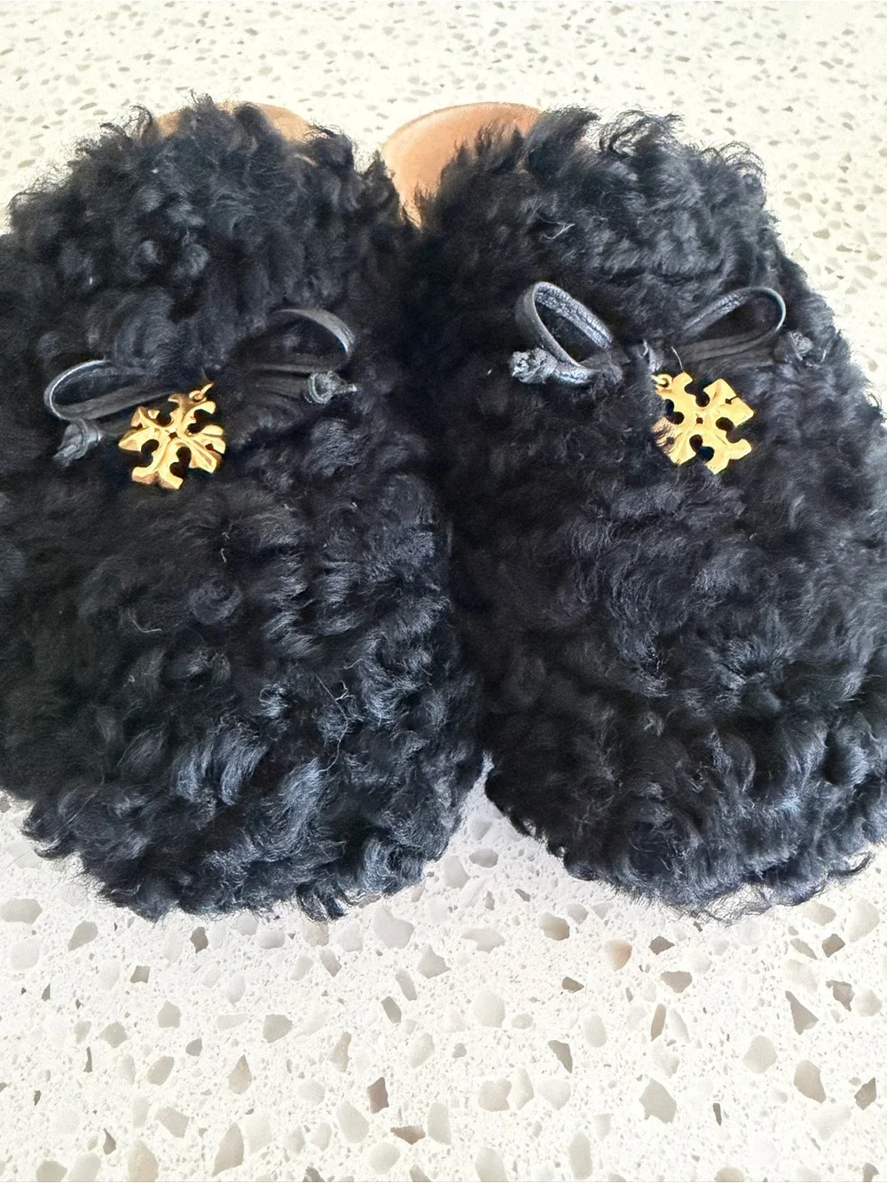 Tory Burch Women’s Black Faux-Shearling Slip-On Mules with Gold Logo